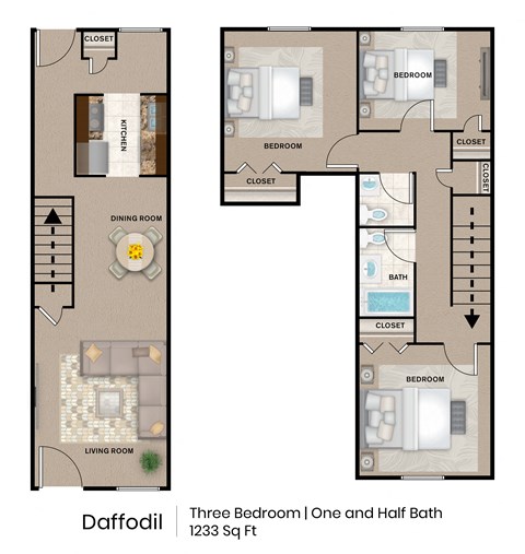 Floor plan for 3 beds, 1.5 baths, 1233 sqft